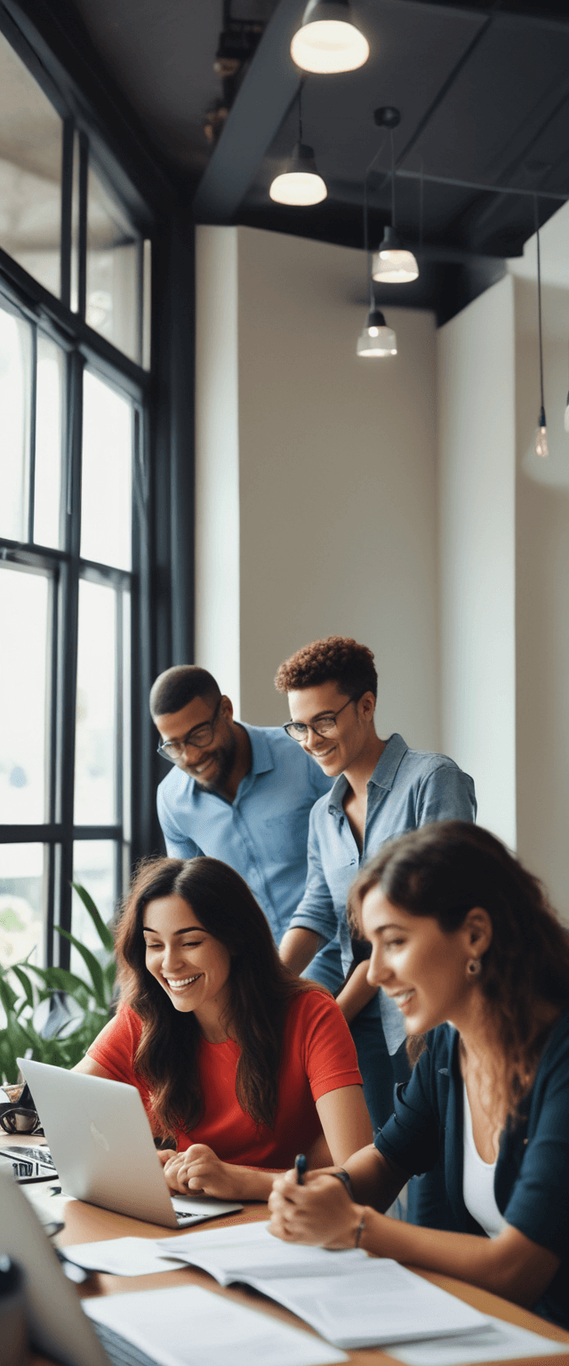 Marketing team collaborating on a project, diverse group of professionals in a modern office setting